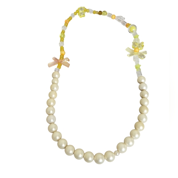 Faux Pearl Coquette Yellow Orange Bear Frosted Glass Clear Barrel Beads Necklace - Picture 5 of 9